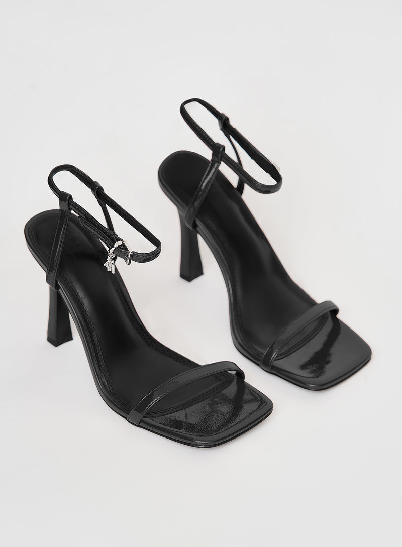 Black Strappy Heeled Patent Sandal- Berlin