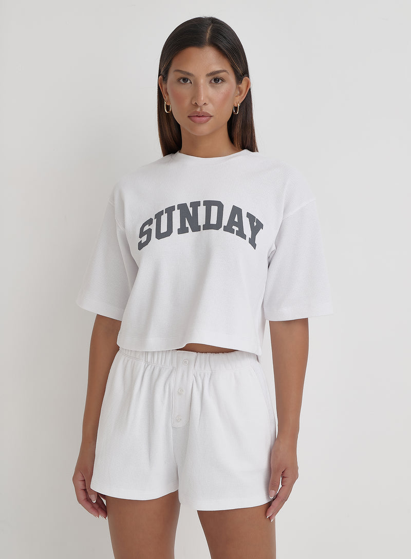 White Waffle Sunday Slogan T-Shirt- Ara