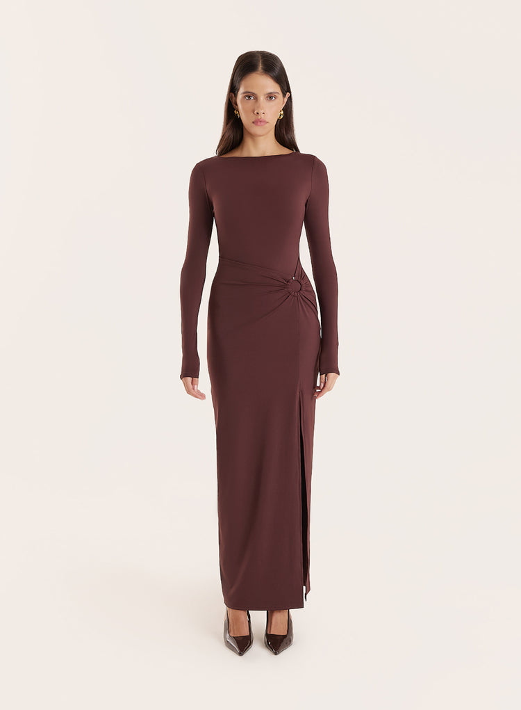 Chocolate Long Sleeve Ring Detail Maxi Dress- Gery