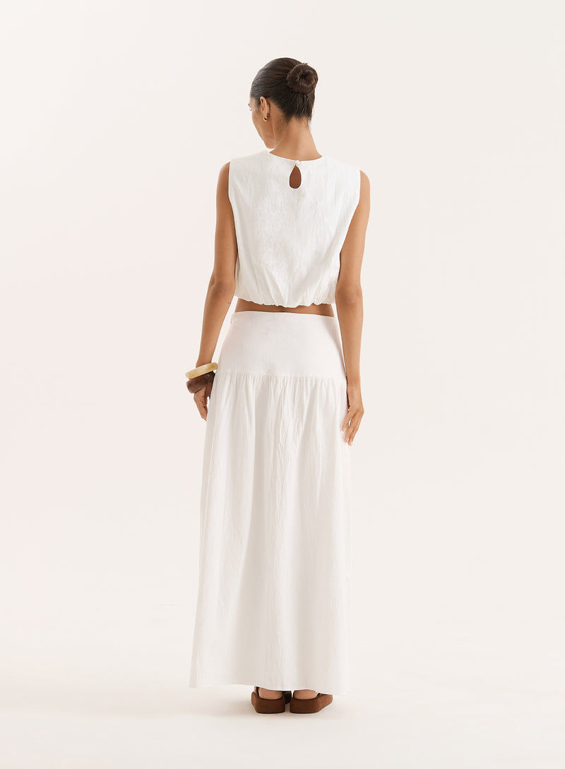 White Cotton Drop Waist Maxi Skirt- Selene