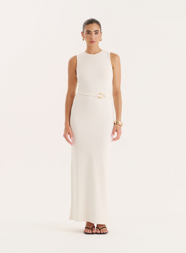 Ecru Gold Hardware Belt Detail Maxi Dress- Arden