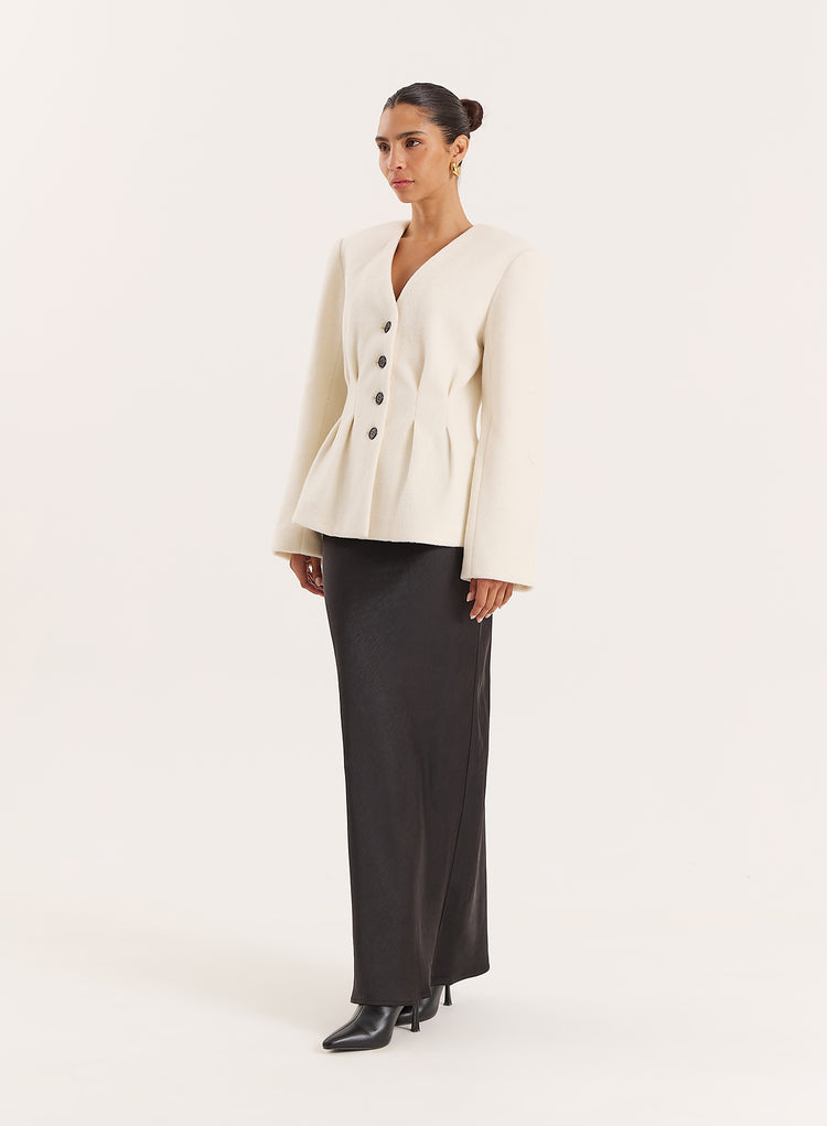 Cream Tailored Cinched Waist Wool Blend Blazer- Tilley