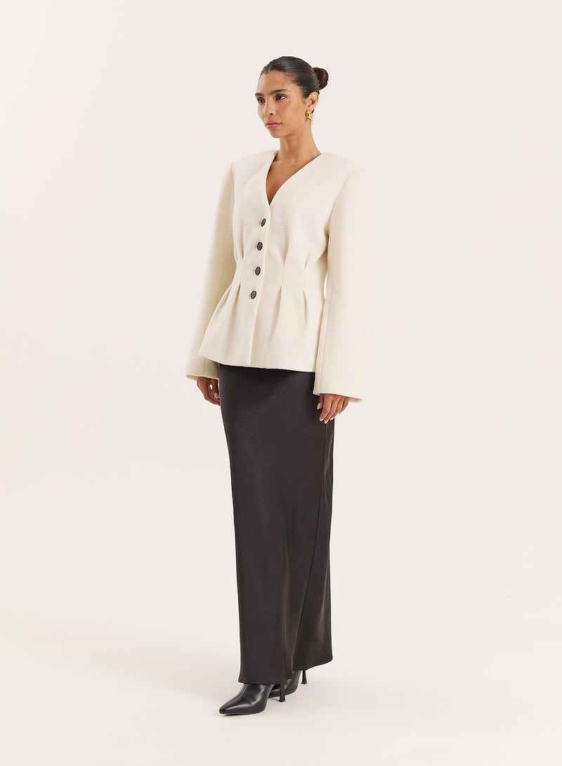 Cream Tailored Cinched Waist Wool Blend Blazer- Tilley