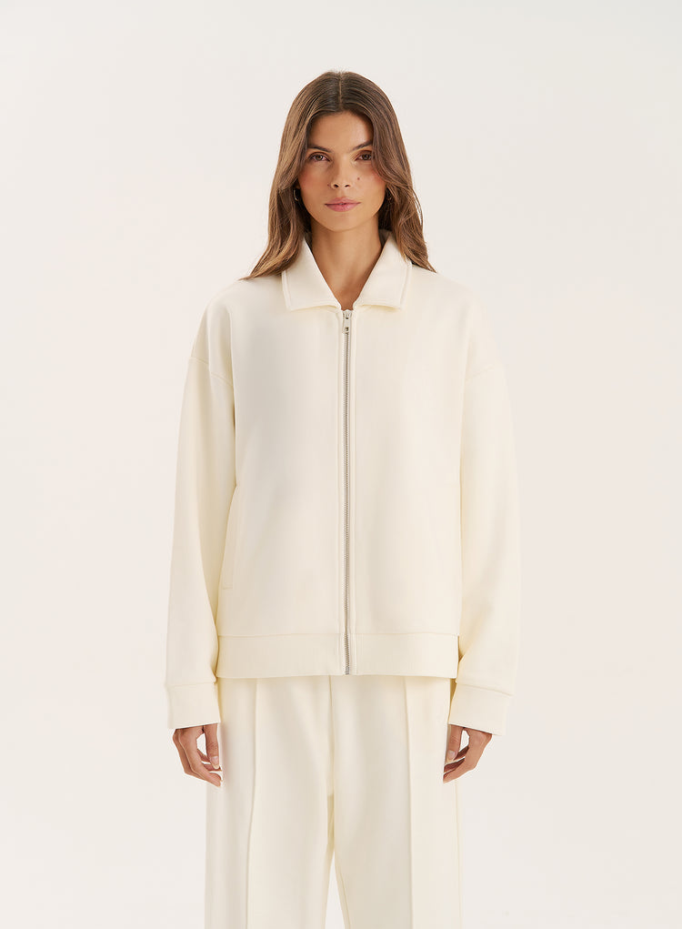 Ecru Logo Detail Zip Bomber Jacket- Valerie