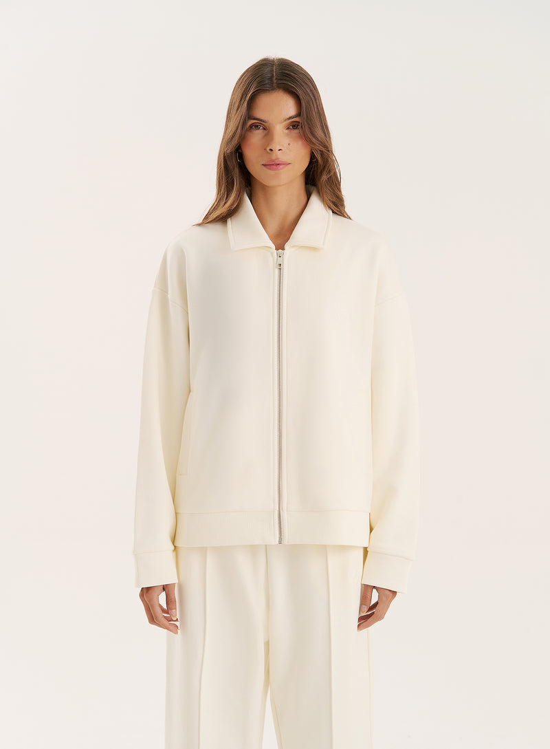 Ecru Logo Detail Zip Bomber Jacket- Valerie