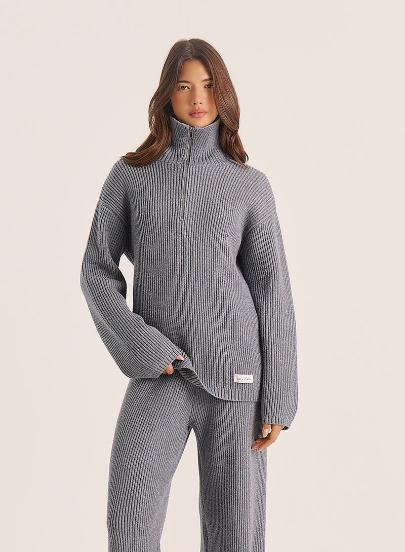 Light Grey Knitted Oversized Collar Zip Jumper