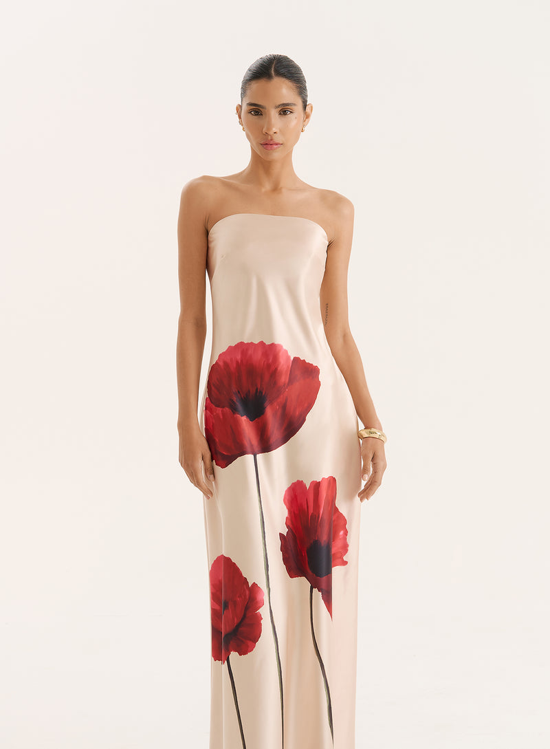 Floral Print Bandeau Satin Maxi Dress- Shona