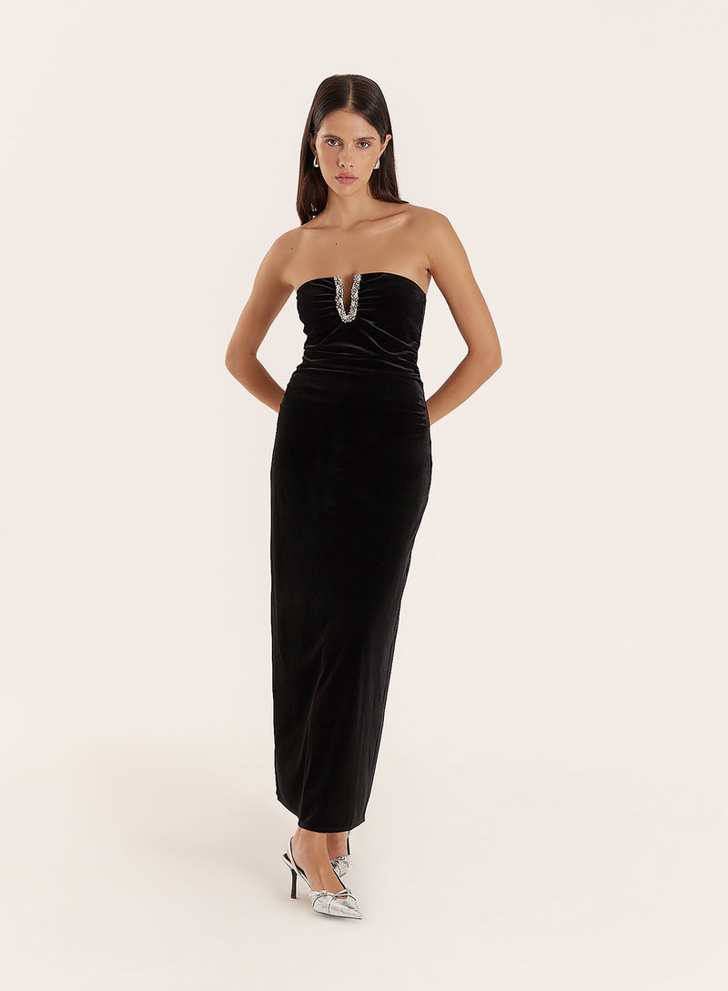 Black Embellished Velvet Midaxi Dress- Vera