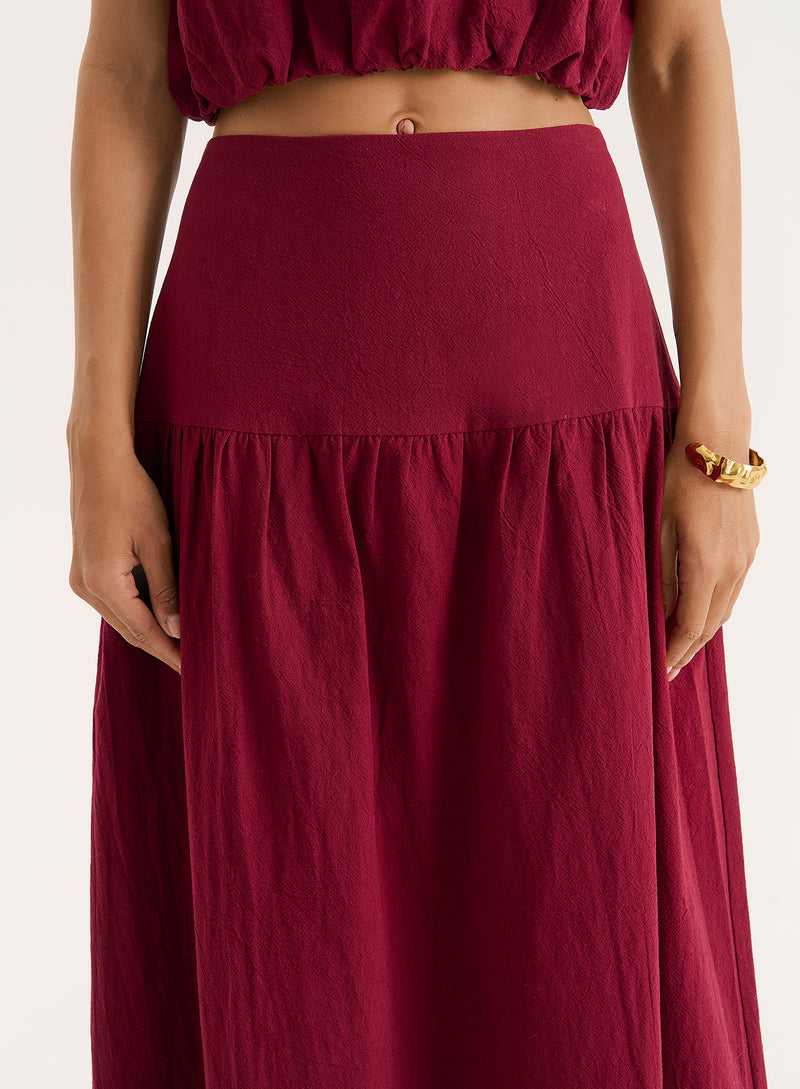 Burgundy Cotton Drop Waist Maxi Skirt- Selene