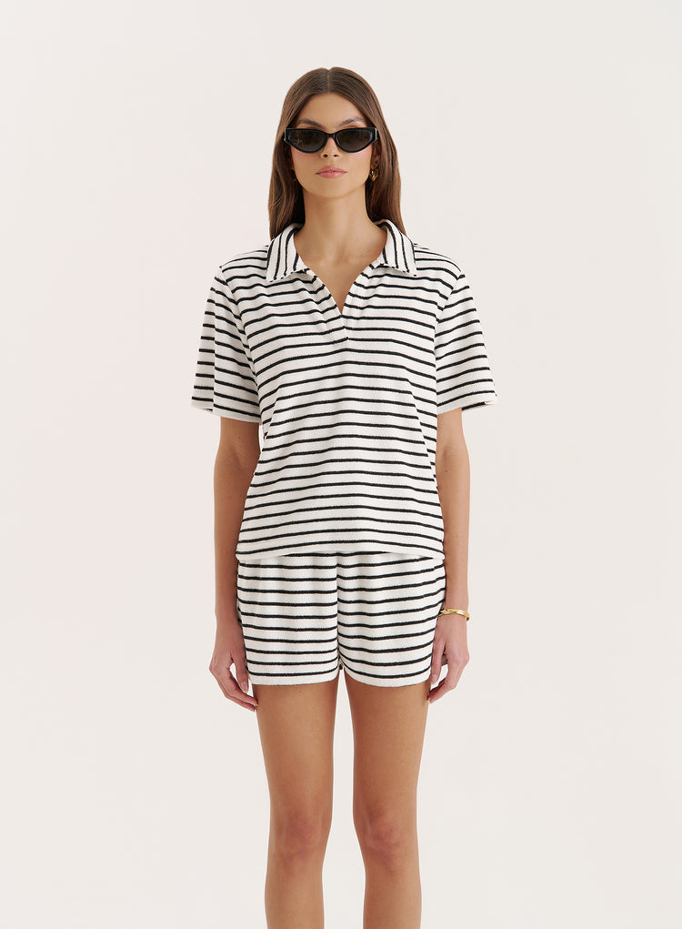 Black And White Stripe Towelling Short Sleeve Polo Top- Zita