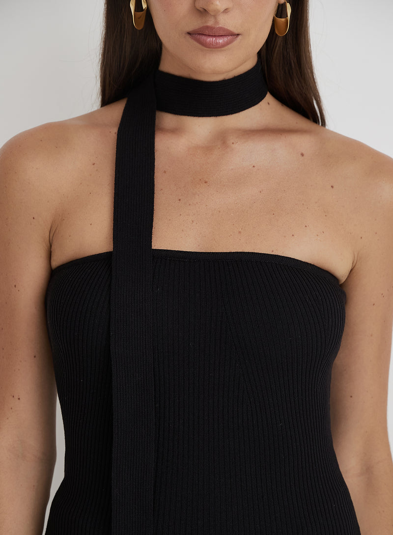 Black Ribbed Knit Bandeau Scarf Top - Alexandra