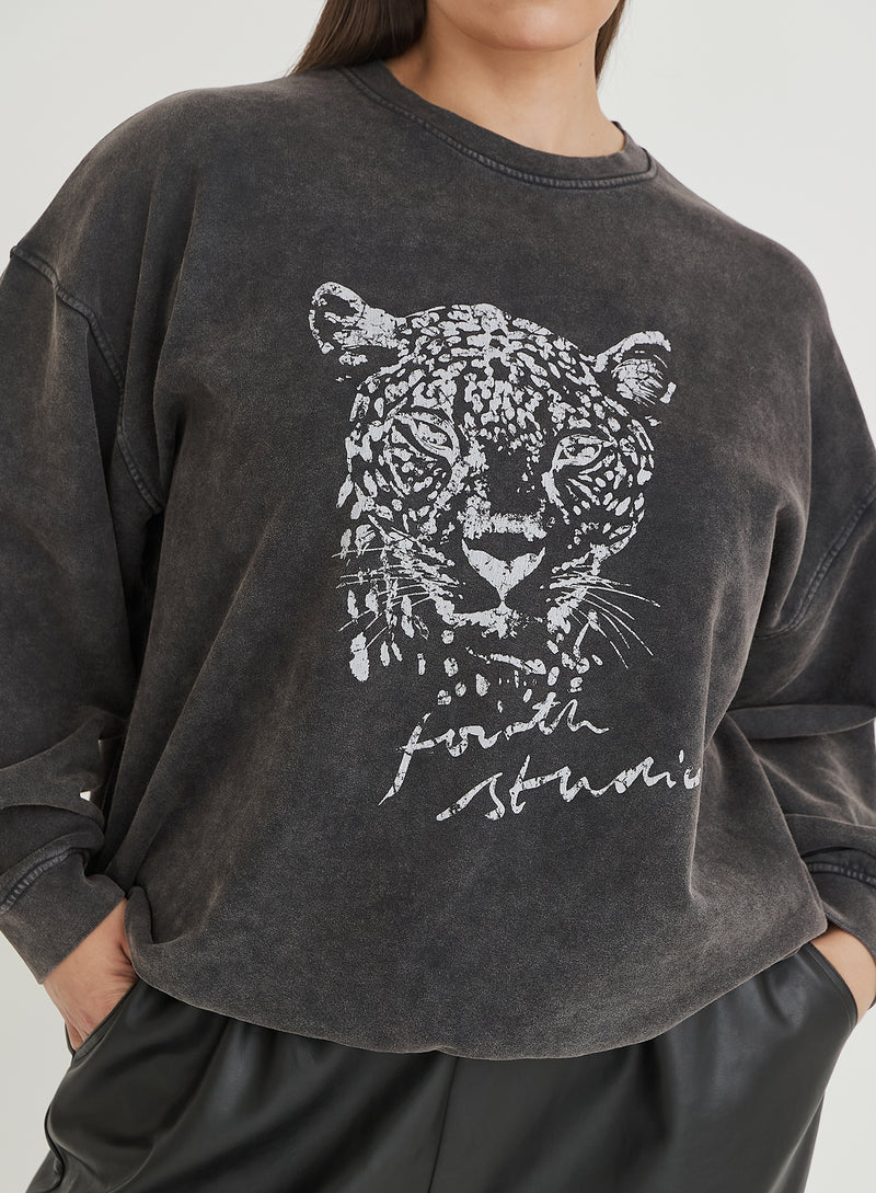 Black Acid Wash Curve Leopard Motif Sweatshirt- Cara