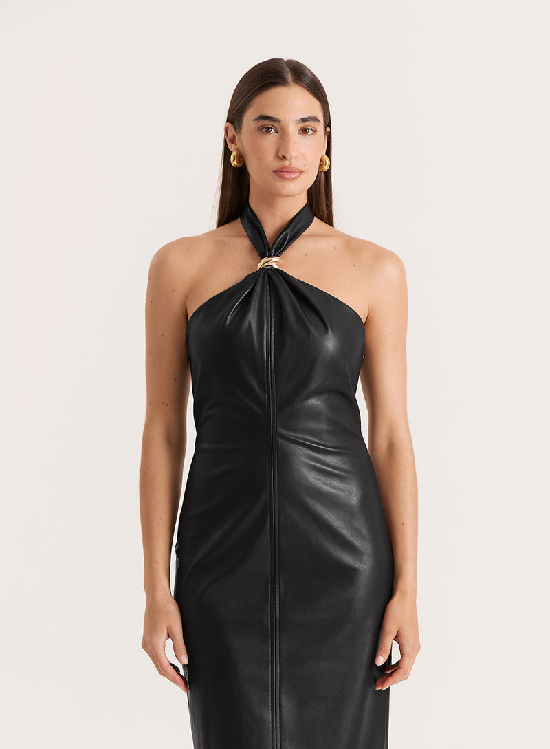 Black Faux Leather Halterneck Maxi Dress- Rhea