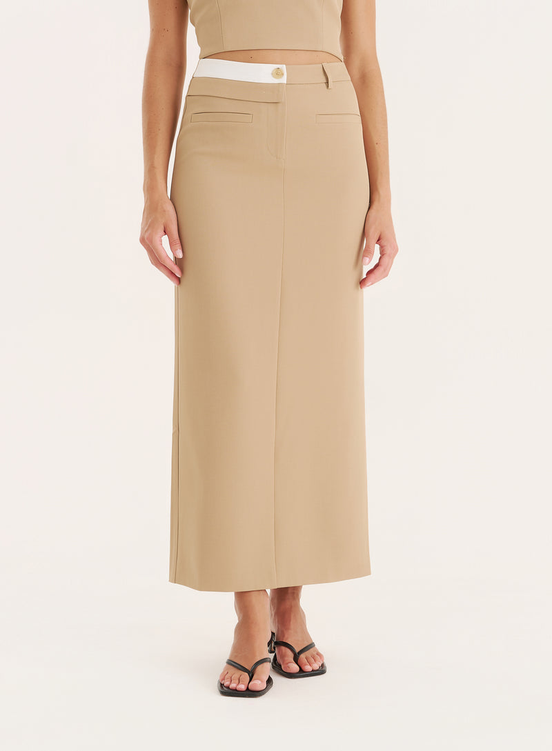 Camel Contrast Waistband Detail Tailored Maxi Skirt- Tatiana