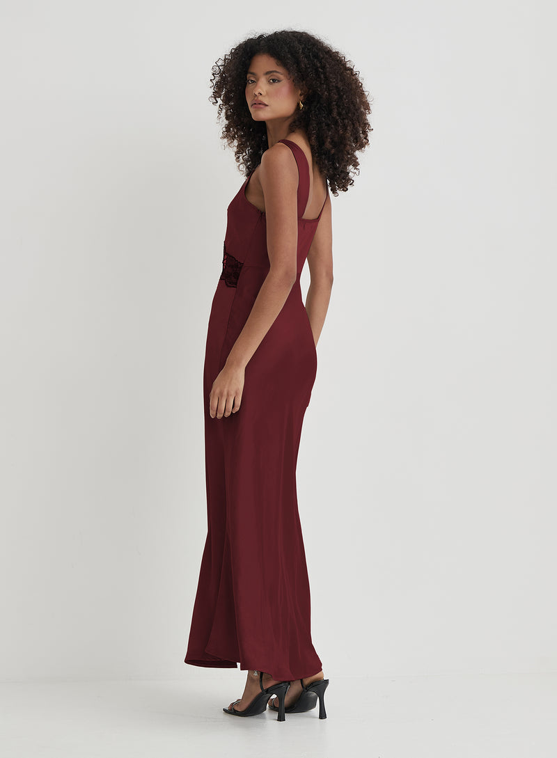 Burgundy Satin Lace Slip Dress- Kelsey