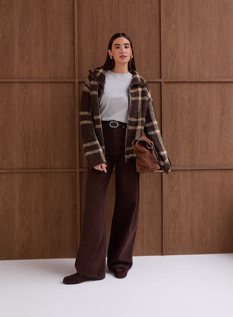 Chocolate Checked Knitted Zip Jacket- Samira