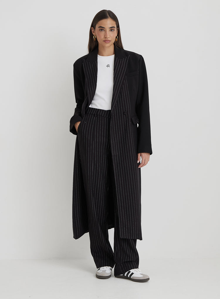 Black Pinstripe Tailored Longline Jacket - Libby