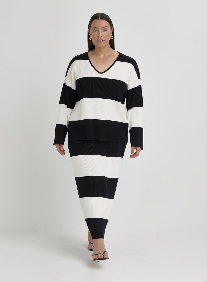 Black And Cream Curve Stripe Knitted Jumper- Jacqueline