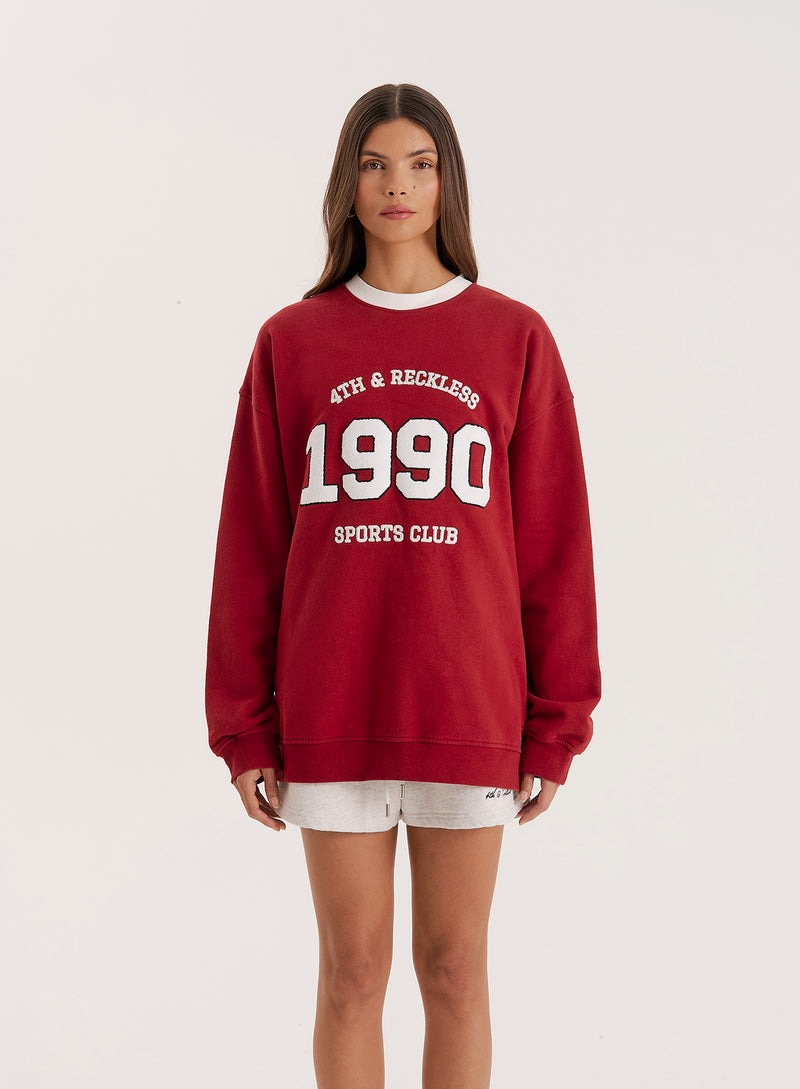 Red Contrast Trim Slogan Classic Longline Sweatshirt- Atlas