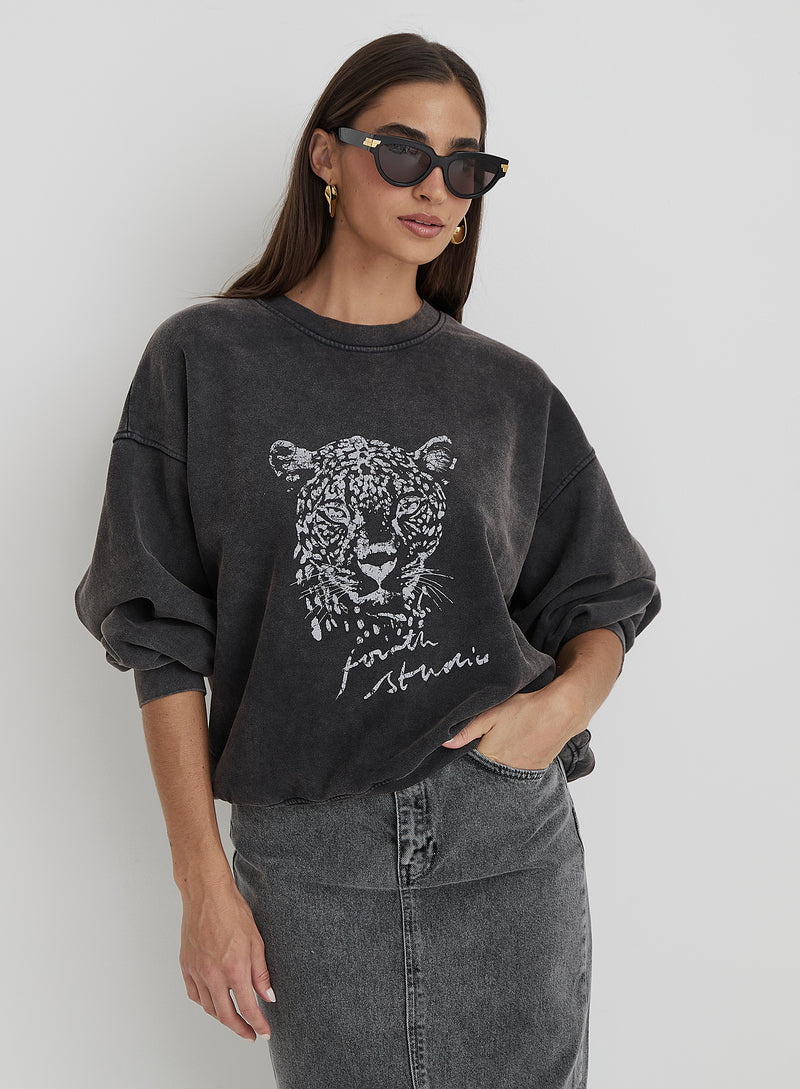 Black Acid Wash Leopard Motif Sweatshirt- Cara