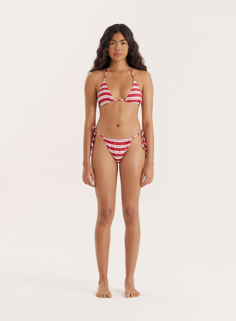 Red And White Stripe Tie Side Bikini Bottom- Julietta