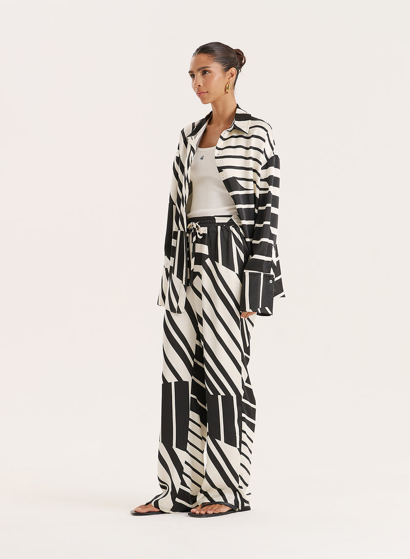 Black And White Abstract Print Satin Shirt- Amira