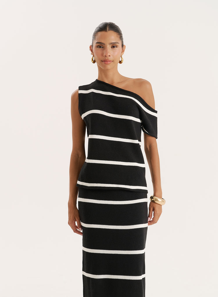 Black And White Stripe Knitted Off The Shoulder Top- Aisa