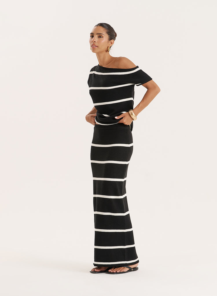 Black And White Stripe Knitted Off The Shoulder Top- Aisa