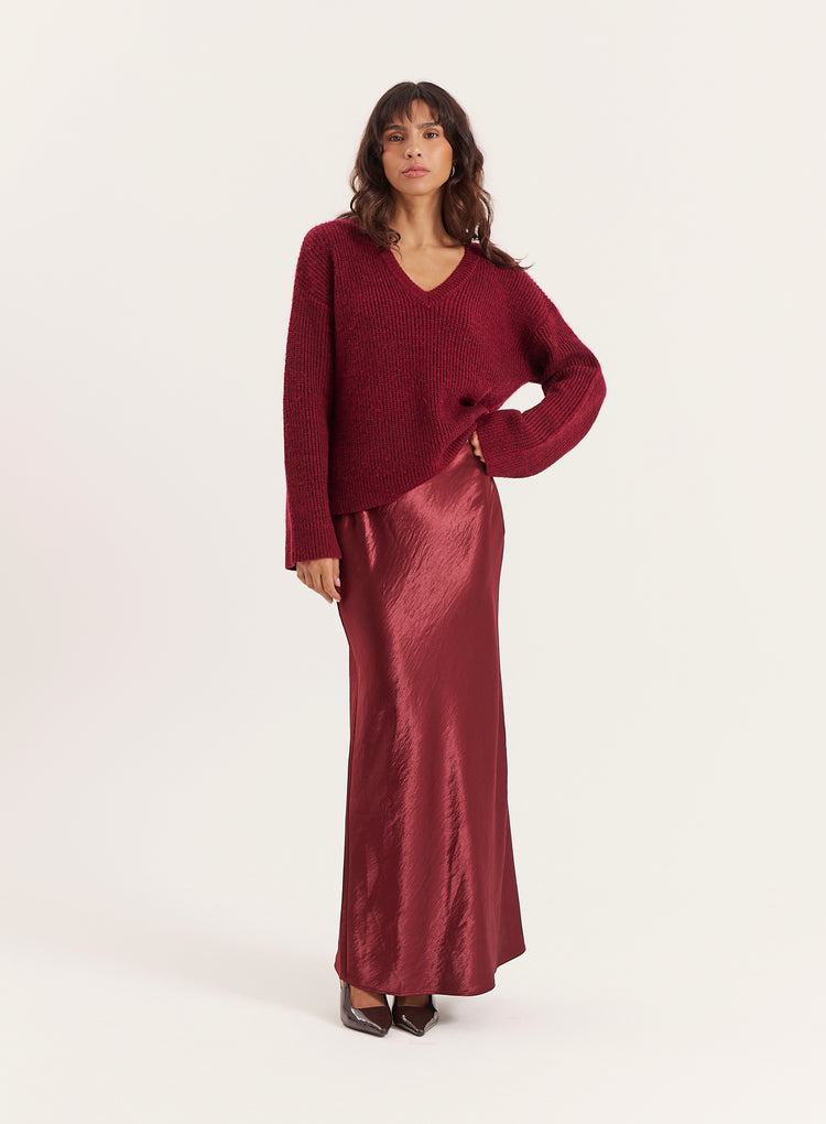Burgundy Satin Maxi Skirt- Novah