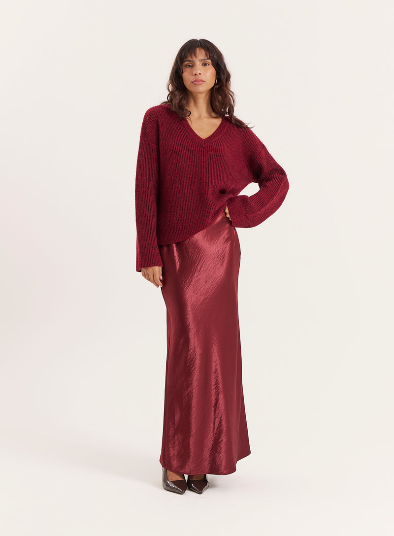 Burgundy Satin Maxi Skirt- Novah