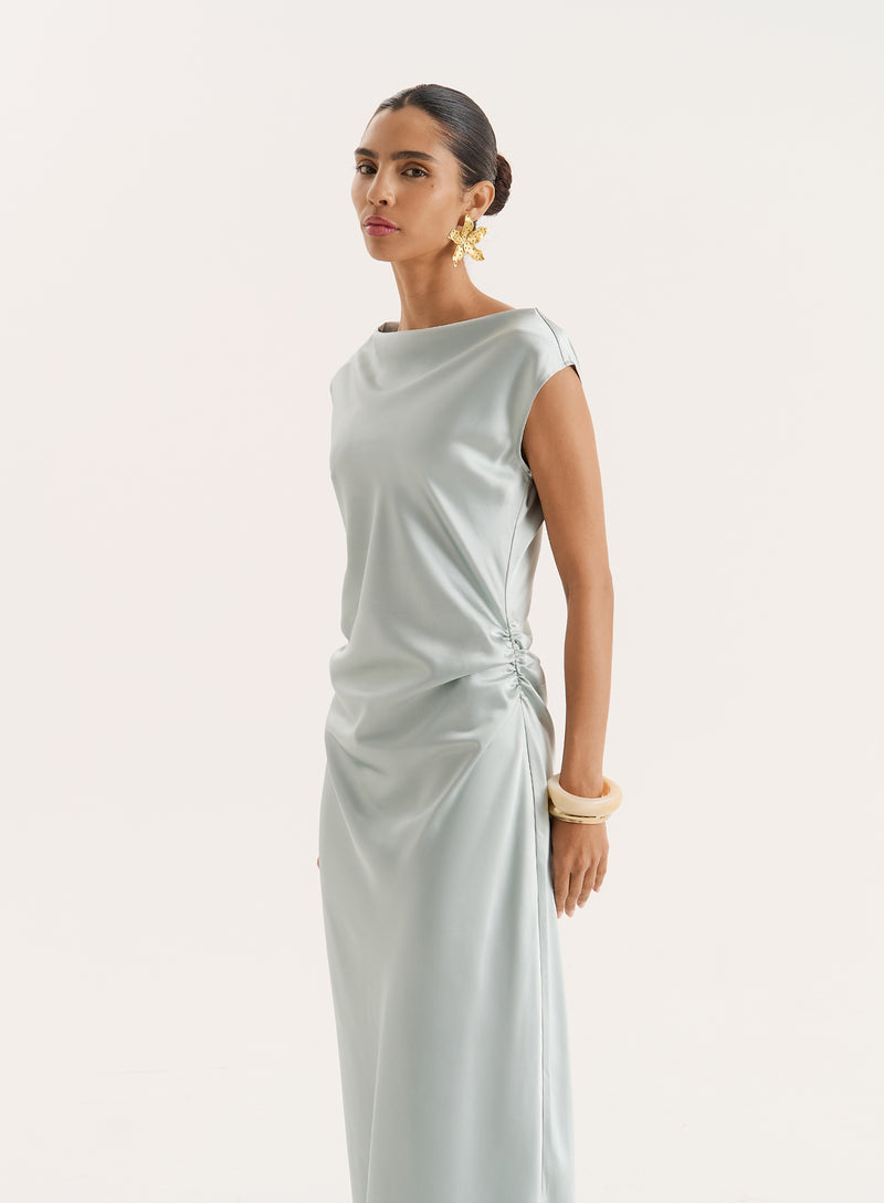 Mint Green Cowl Neck Satin Maxi Dress- Anais