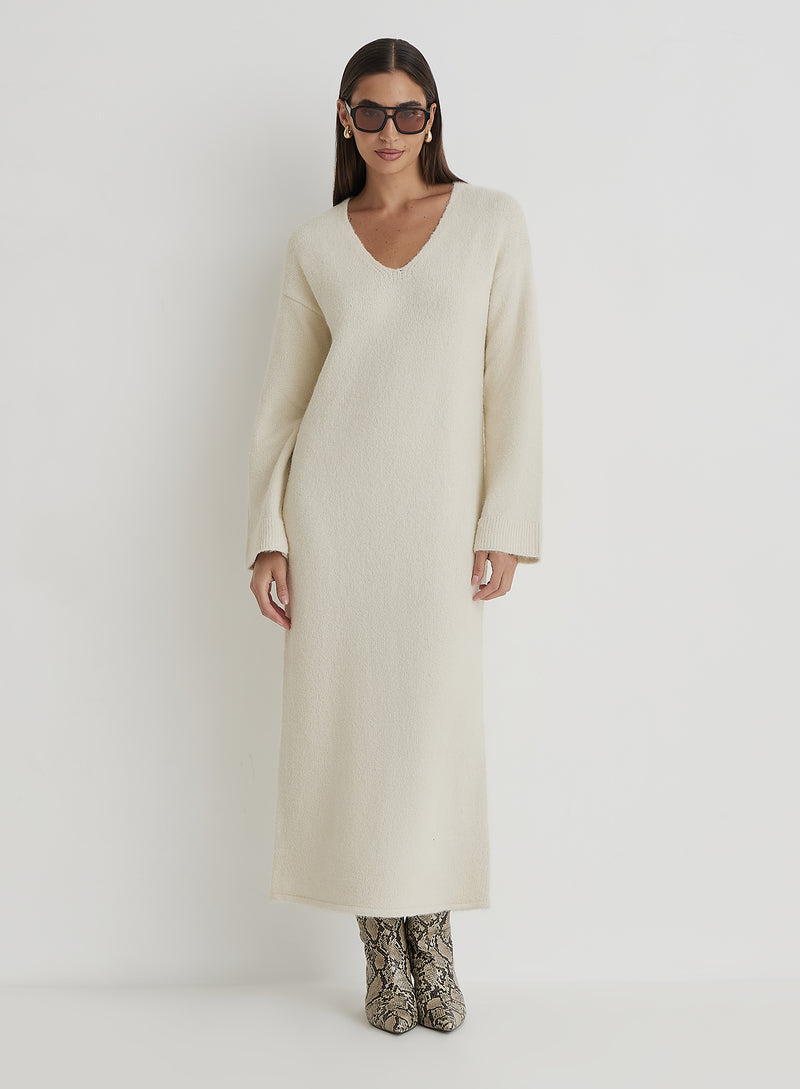 Cream V Neck Knitted Maxi Dress- Dahlia