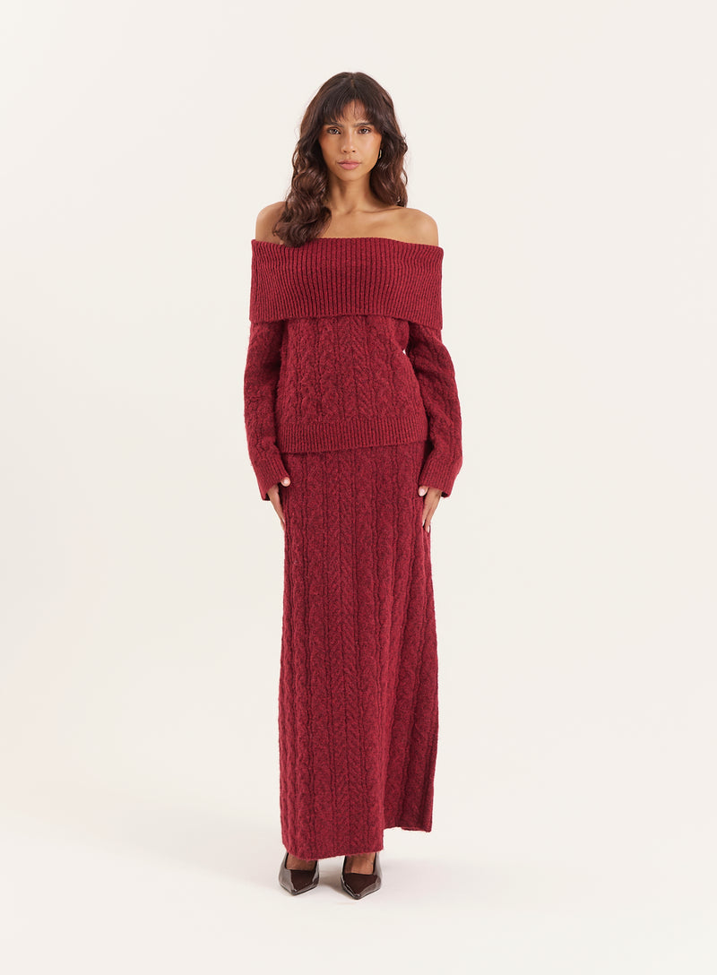 Burgundy Cable Knitted Maxi Skirt- Dalia