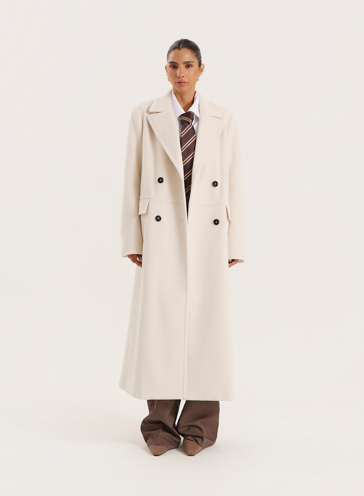 Cream Wool Double-Breasted Coat- Melia