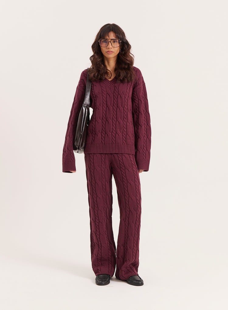 Burgundy Cable Knit V Neck Jumper- Jordan