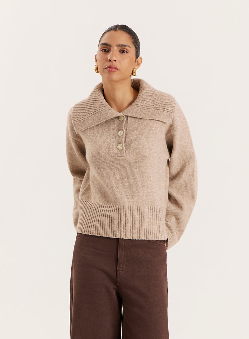 Beige Knitted Buttoned Collar Jumper- Eddie