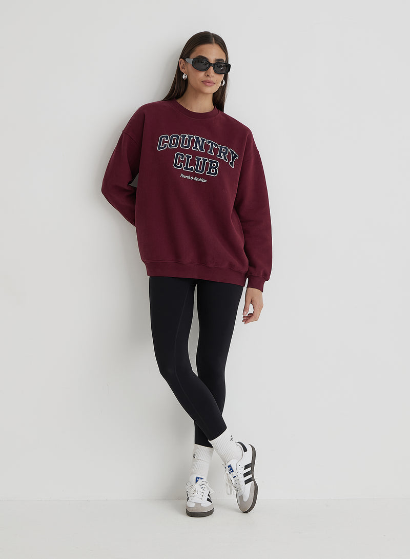 Burgundy Country Club Slogan Oversized Sweatshirt- Charli