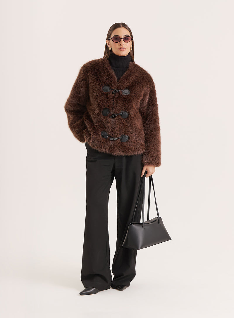 Brown Faux Fur Toggle Fastening Jacket- Jackie