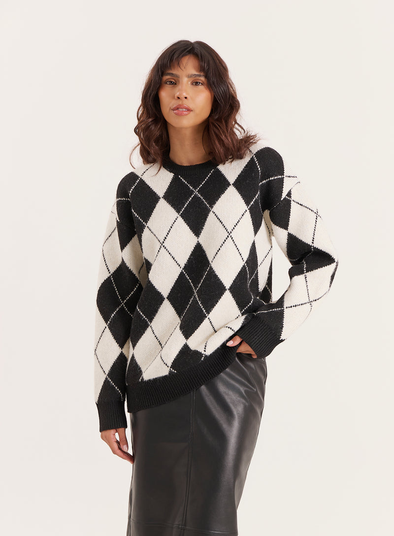 Black And Cream Knitted Argyle Crew Neck Jumper- Molly