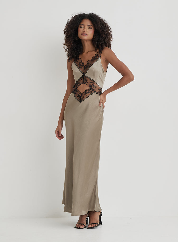 Khaki Satin Lace Slip Dress- Kelsey