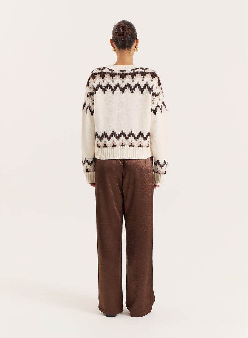 White Knitted Fairisle Button Front Cardigan- Brandon