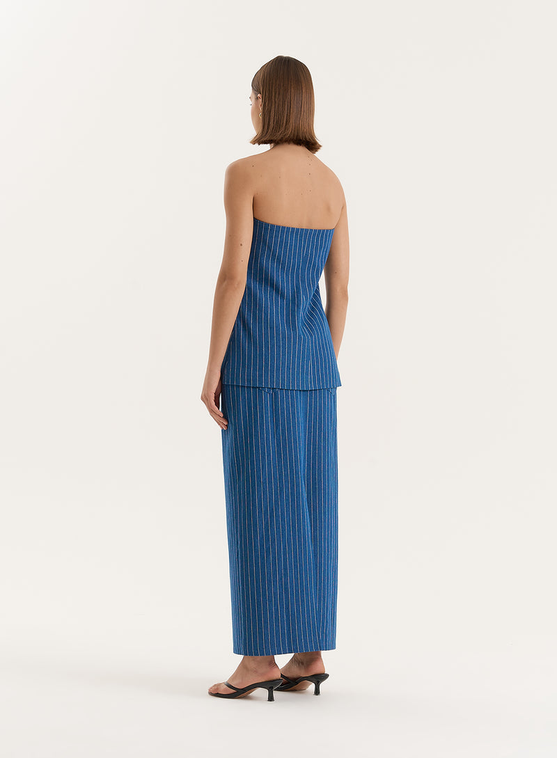 Blue Pinstripe Tailored Denim Maxi Skirt- Dionne