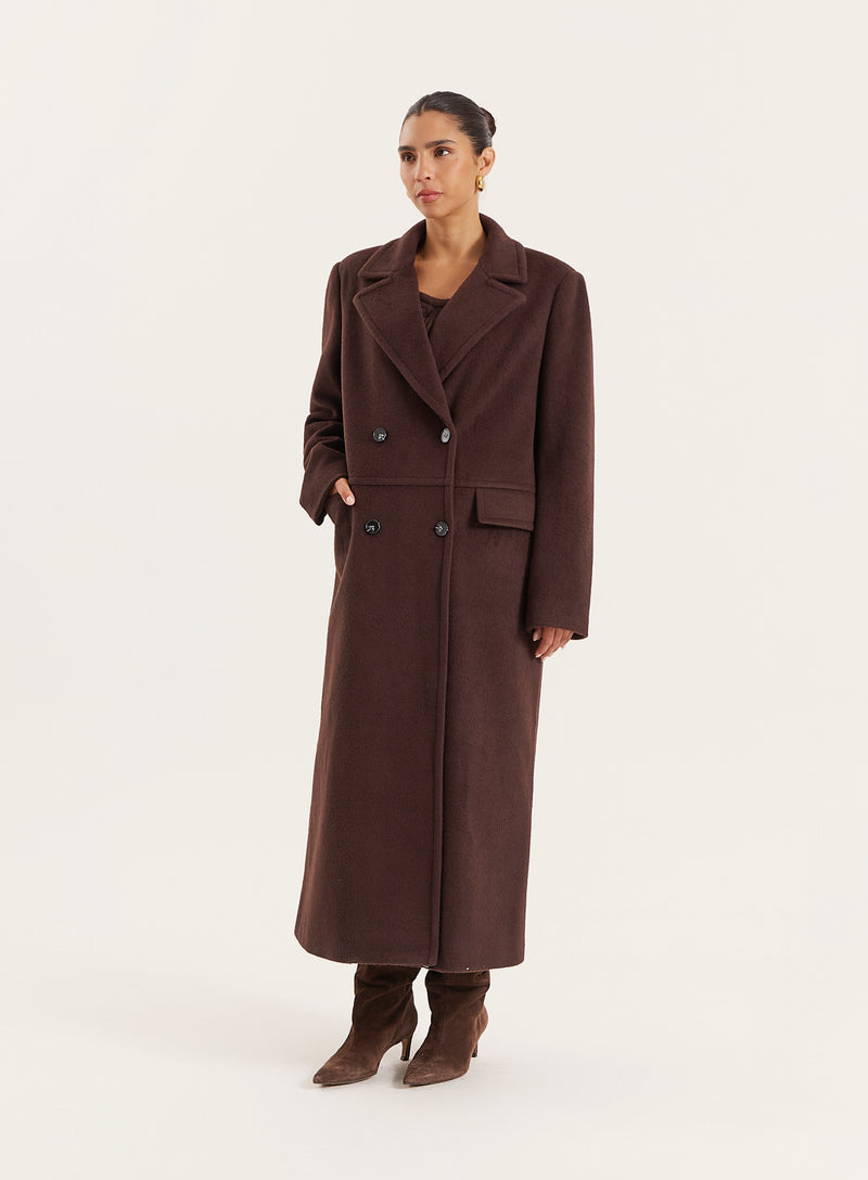 Chocolate Wool Double-Breasted Coat- Melia