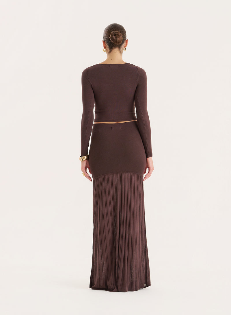 Chocolate Knitted Drop Waist Maxi Skirt- Nancy