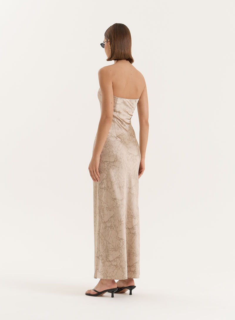 Beige Print Bandeau Satin Maxi Dress- Shona