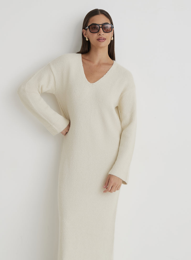 Cream V Neck Knitted Maxi Dress- Dahlia