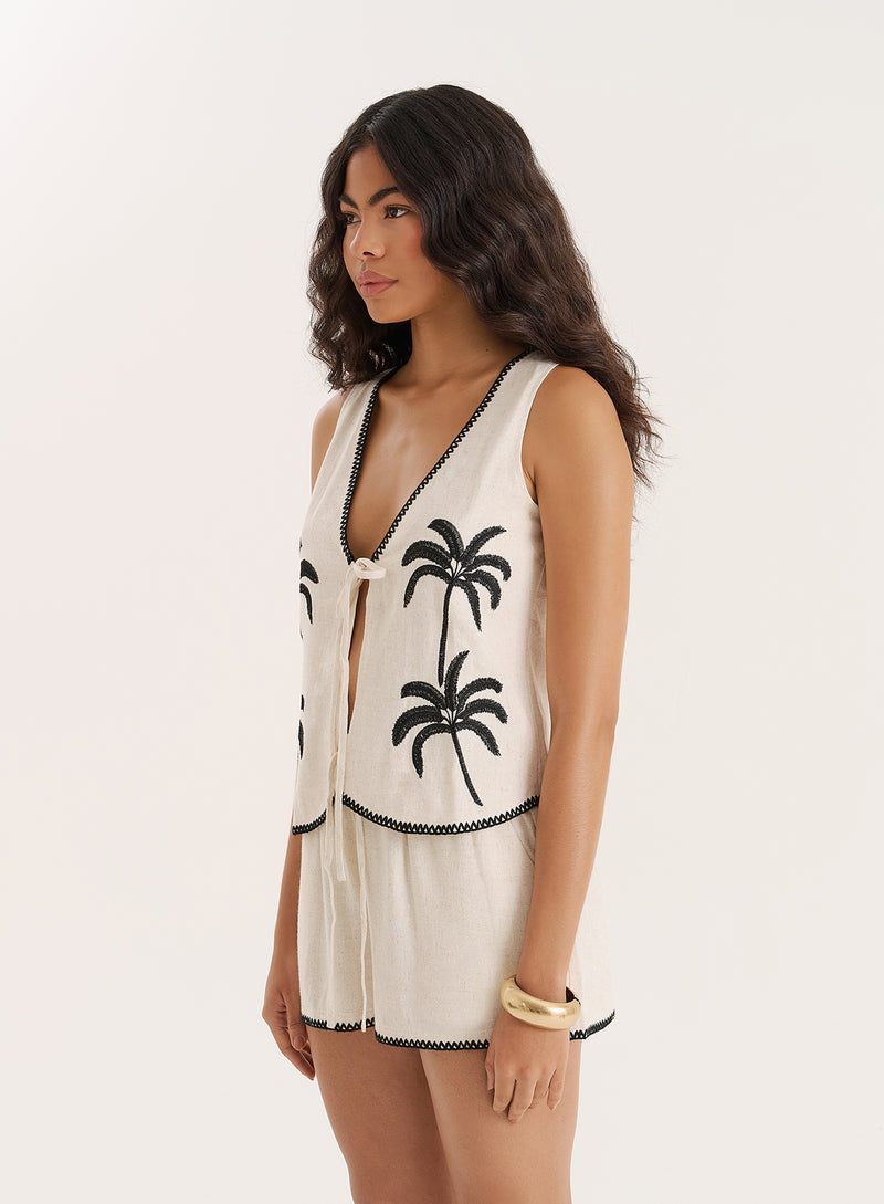 Cream Linen Blend Palm Embroidered Tie Waistcoat- Kenna