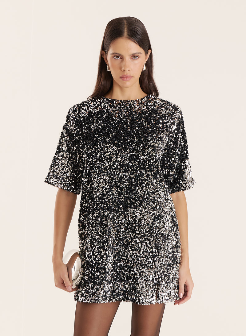 Black Sequin Bow Tie Back Mini Dress- Elodie