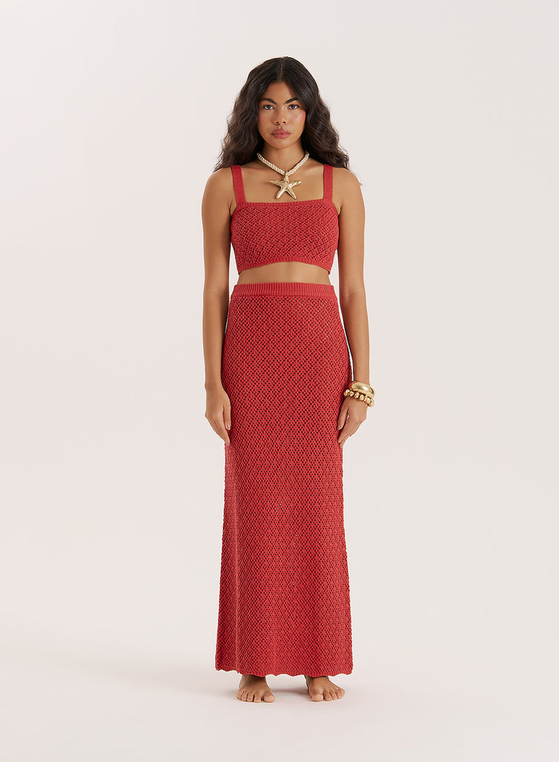 Red Crochet Knit Maxi Skirt- Sierra