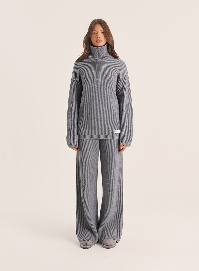 Light Grey Ribbed Knitted Wide Leg Trousers